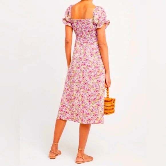 O.P.T One Pretty Time Go on A Date Floral Puff Sleeve Midi Dress L Smocked - Picture 14 of 14